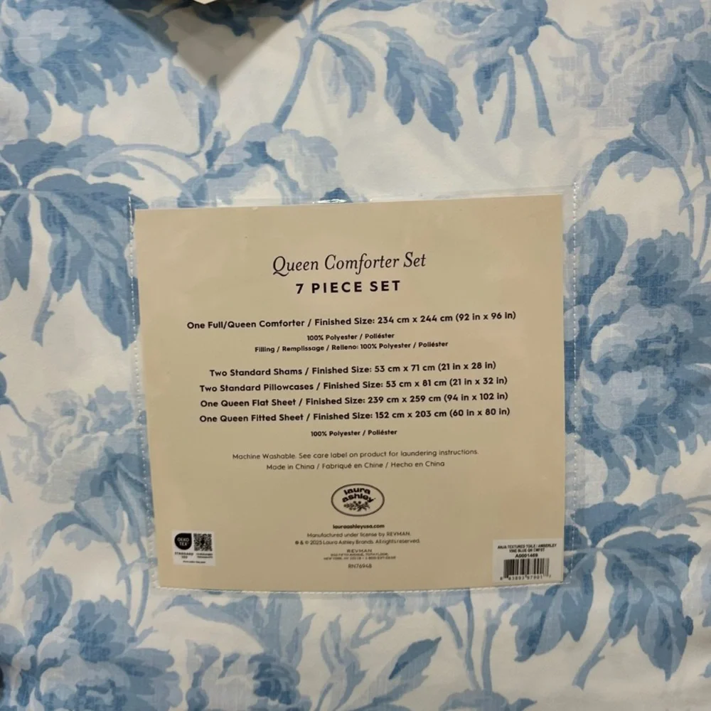 Laura Ashley Floral Blue and White 7 Piece Queen Comforter Set